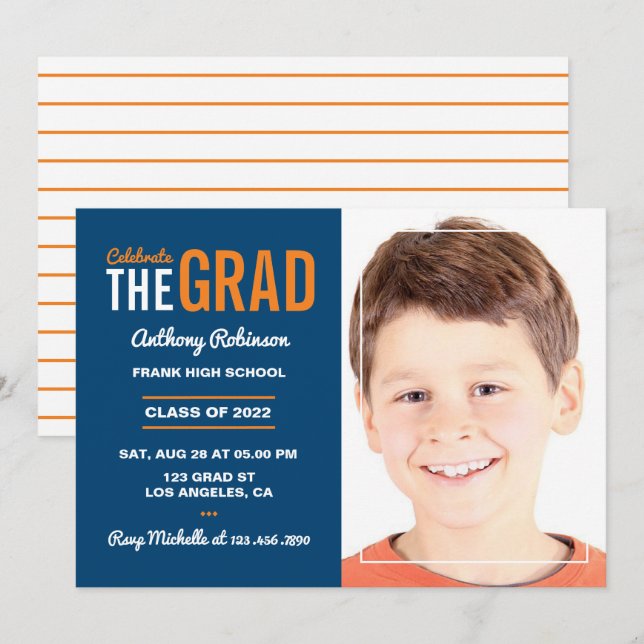 White, Orange and Navy Blue Graduation Party Einladung (Vorne/Hinten)