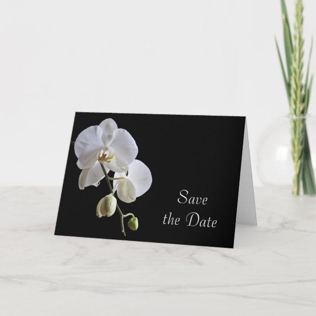 White Orchid auf Black Wedding Save the Date Ankündigung (Vorderseite)