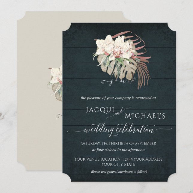 White Orchid Floral BOHO Moody Navy Blue Tropical Einladung (Vorne/Hinten)