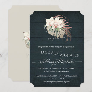 White Orchid Floral BOHO Moody Navy Blue Tropical Einladung