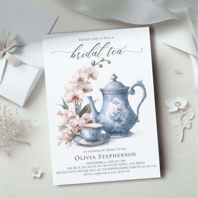 White Orchid Hampton Blue Toile Bridal Teedusche Einladung (bridal tea party white orchid elegant modern classic watercolor romantic sophisticated classy blue)