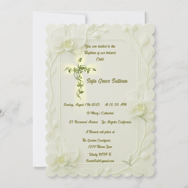 White Orchid & Vine Baptism  Einladung (Vorderseite)