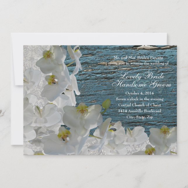 White Orchids Blue Wood Damask Einladung Hochzeit (Vorderseite)