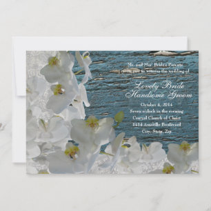 White Orchids Blue Wood Damask Einladung Hochzeit