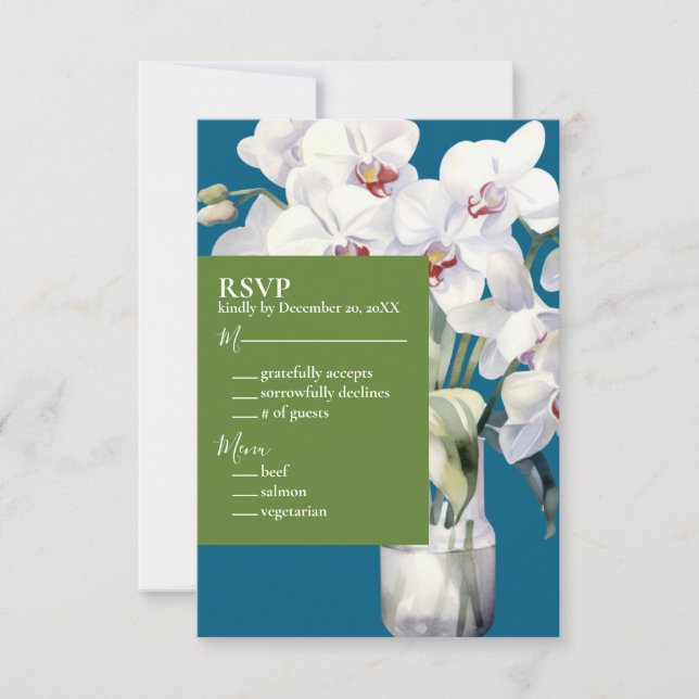 White Orchids Ocean Blue Wedding Einladung (Vorderseite)