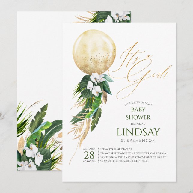 White Orchids Palm Blätter Gold Balloon Baby Dusch Einladung (Vorne/Hinten)