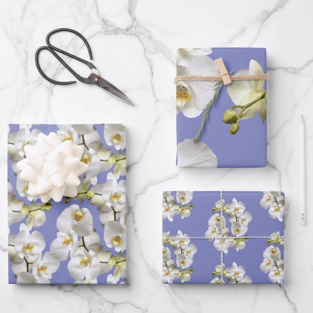 White Orchids Periwinkle Blue Lavender Geschenkpapier Set (Vorderseite)