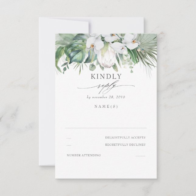 White Orchids und King Protea Wedding RSVP (Vorderseite)