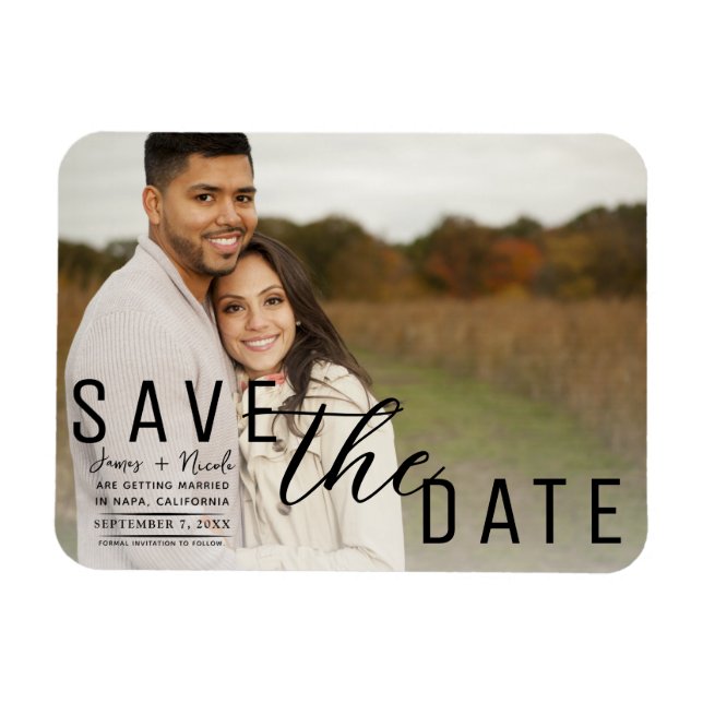 White Overlay Foto Save the Date Hochzeit Magnet (Horizontal)