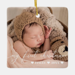 White Overlay Script Baby's First Christmas Foto Keramikornament