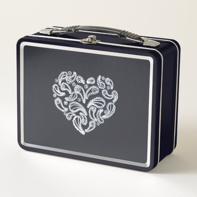 White Paisley Heart on Black Lunch Boxes Metall Brotdose (Vorderseite)