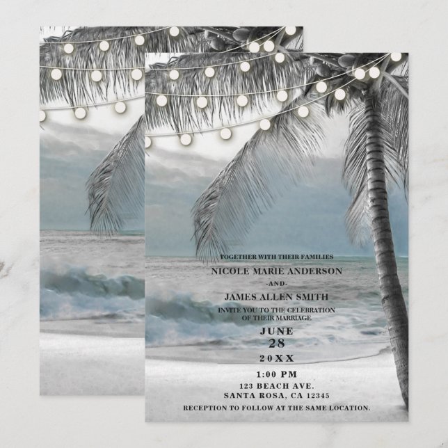White Palm Coconut Tree & Lights Beach Wedding Einladung (Vorne/Hinten)