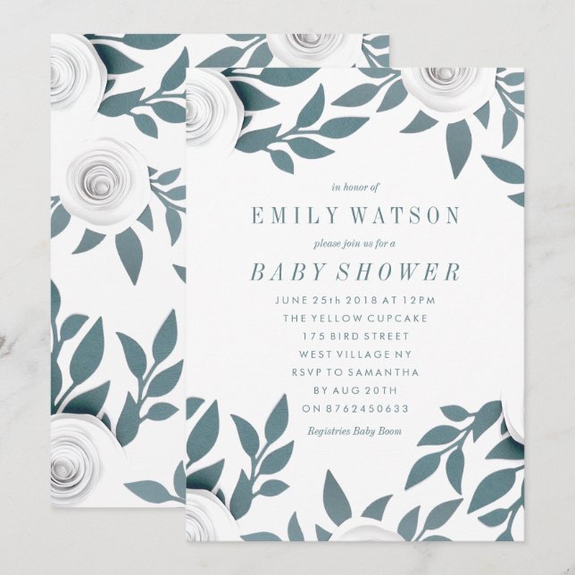 White Paper Blume Babydusche Einladung (Vorne/Hinten)