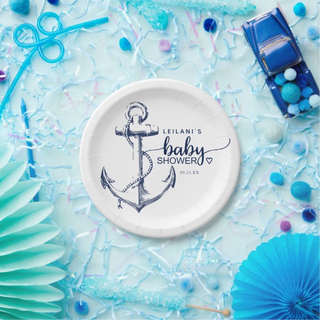 White Paper-Teller mit Nautical-Anker-Babydusche Pappteller (Party)