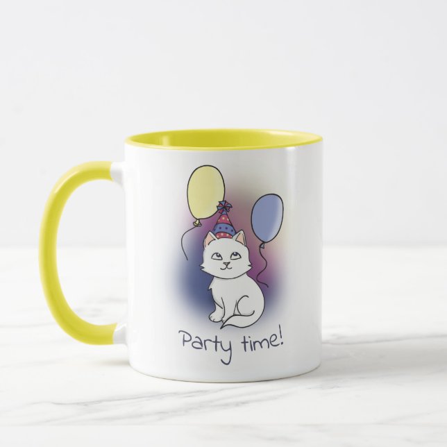 White Party Kitten mit Balloons Illustration Tasse (Links)
