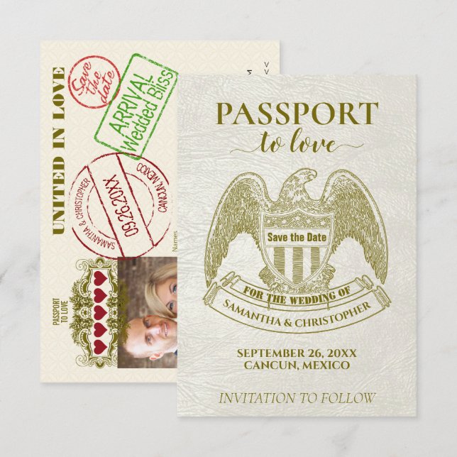 White Passport zur Liebe Spaß Hochzeit in Urlaubso Save The Date (Vorne/Hinten)