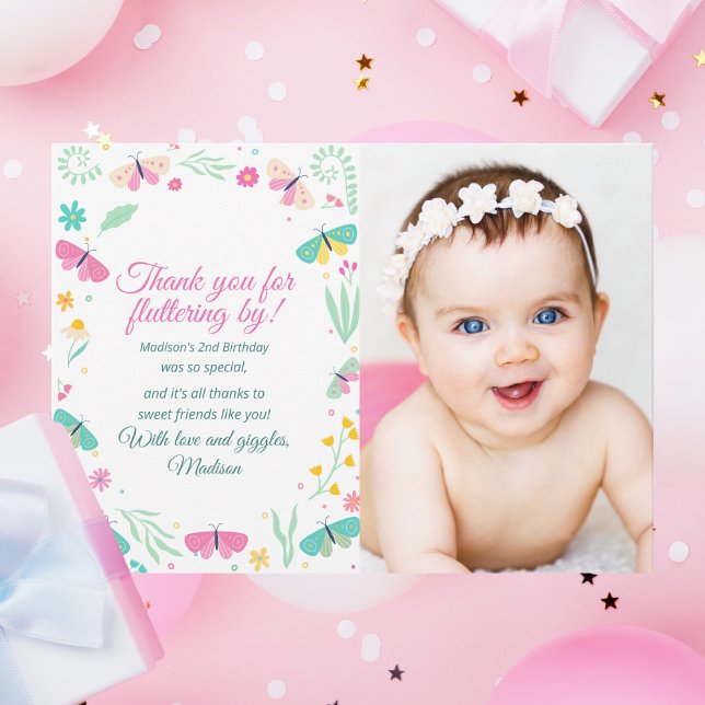 White Pastel Butterfly Girl’s Garden Photo Dankeskarte (Von Creator hochgeladen)
