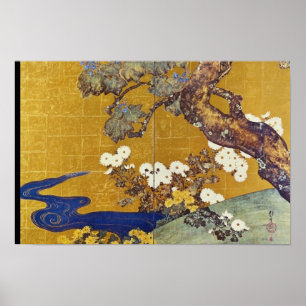 White Paulownias und Chrysanthemas, Sakai Hoitsu Poster