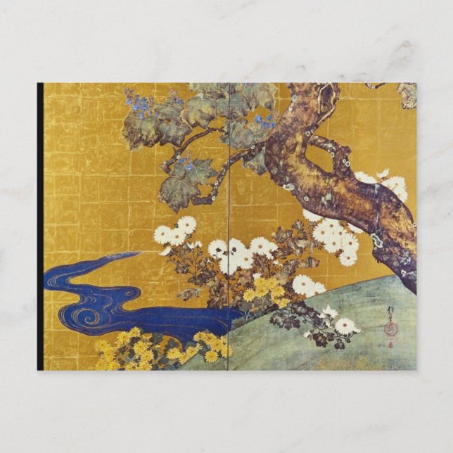 White Paulownias und Chrysanthemas, Sakai Hoitsu Postkarte (Vorderseite)