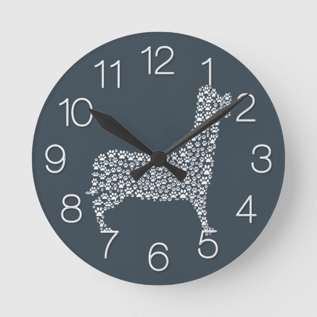 White Paw Print Dog Silhouette Pattern Fabric Runde Wanduhr (Vorderseite)