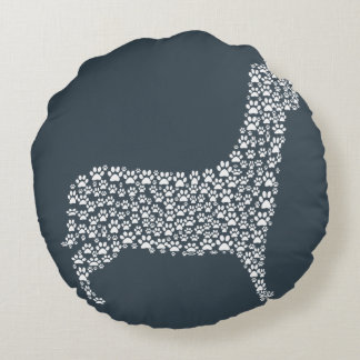 White Paw Print Dog Silhouette Pattern Fabric Rundes Kissen