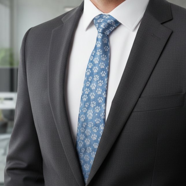 White Paw Prints on Blue – Rustic Pet Lover  Krawatte (Von Creator hochgeladen)