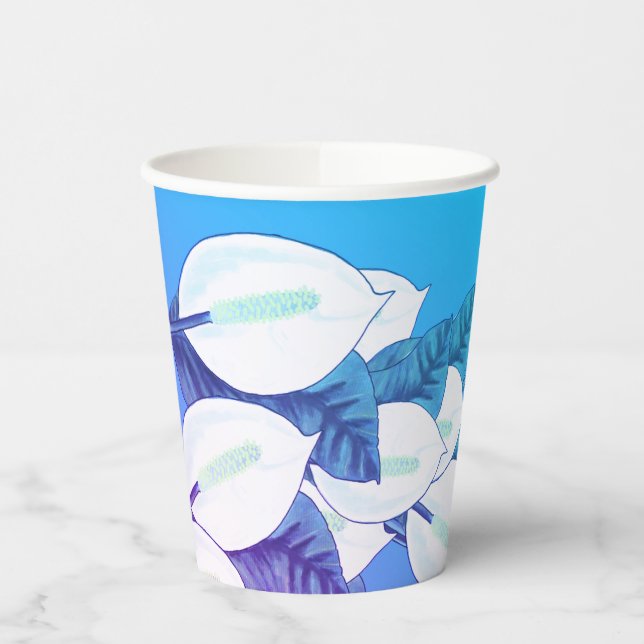 White Peace Lily Illustration Blassblau Lila Pappbecher (Links)