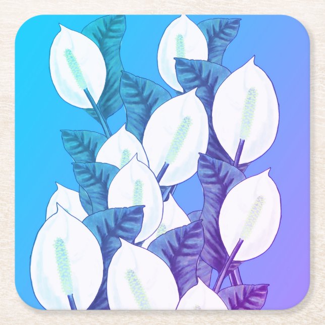 White Peace Lily Illustration Blassblau Lila Rechteckiger Pappuntersetzer (Vorderseite)