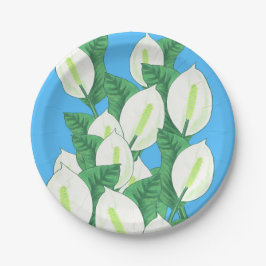 White Peace Lily Illustration Blassblau Pappteller