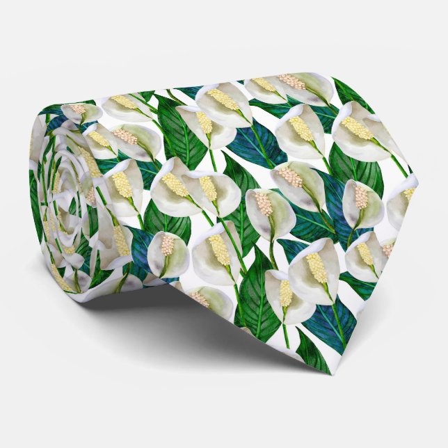 White Peace Lily Pattern Krawatte (Gerollt)