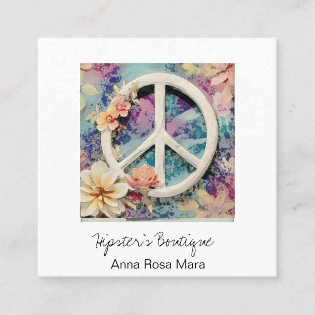 *~* White Peace Sign Blume Grunge Boho AP57 QR Quadratische Visitenkarte (Vorderseite)