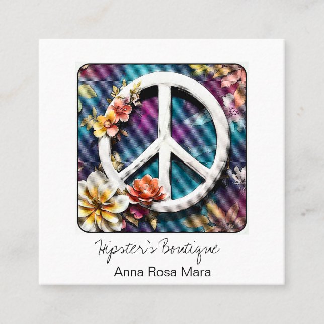 *~* White Peace Sign Blume Grunge Boho QR AP57 Quadratische Visitenkarte (Vorderseite)