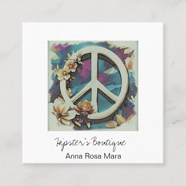 *~* White Peace Sign Blume Grunge QR Boho AP57 Quadratische Visitenkarte (Vorderseite)