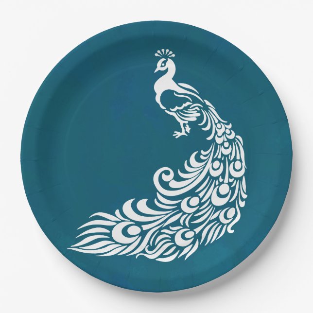 White Peacock auf Aquamarinem Chic Stilvolles Art  Pappteller (Vorderseite)