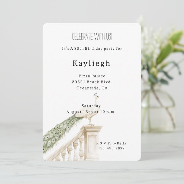 White Peacock Birthday Einladung (Stehend Vorderseite)