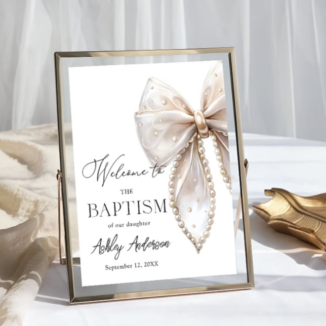 White Pearl Bow Baptism Welcome  Poster (Von Creator hochgeladen)