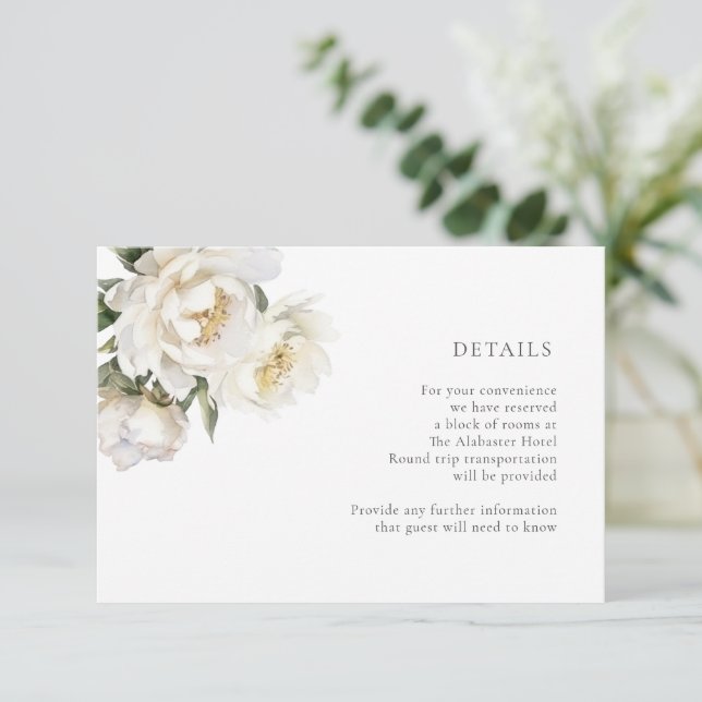 White Peonies Détails du Mariage Carte de boîtier (Debout devant)