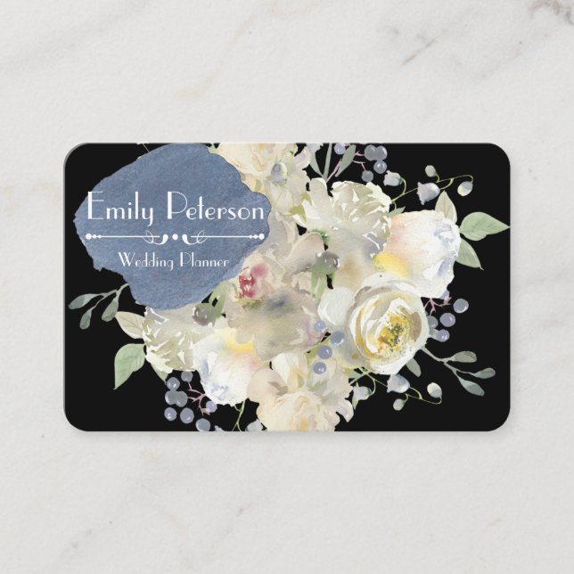 White Peonies Floral Watercolor Hochzeitsplaner Visitenkarte (Vorderseite)