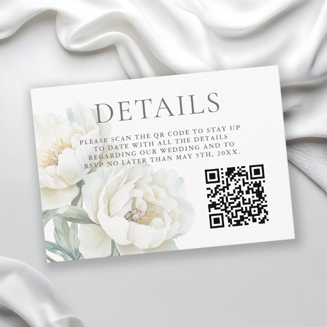 White Peonies Floral Wedding Details QR code Begleitkarte (Von Creator hochgeladen)