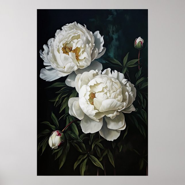 White Peonies Flower Art Imprimer Poster (Devant)