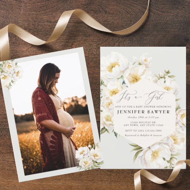 White Peonies | Foto Babydusche Einladung (Von Creator hochgeladen)