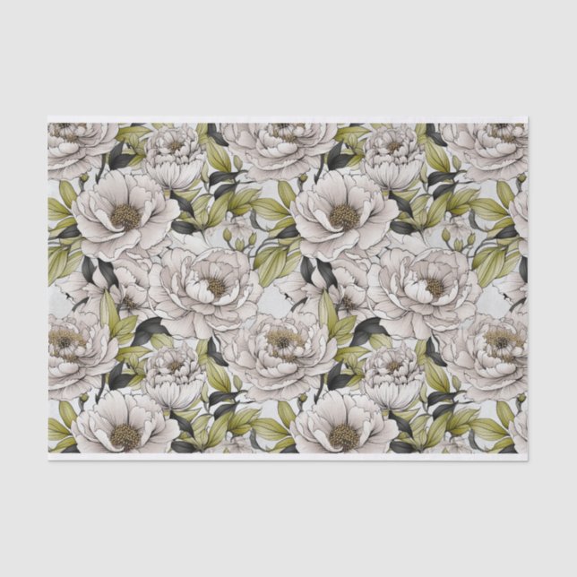 White Peonies Illustration mit hellgrünen Blätter Seidenpapier (Vorderseite)