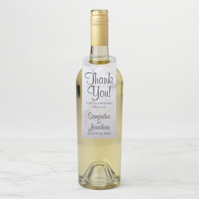 White Peonies Modern Script Wedding Vielen Dank Flaschenanhänger (Auf Flasche)