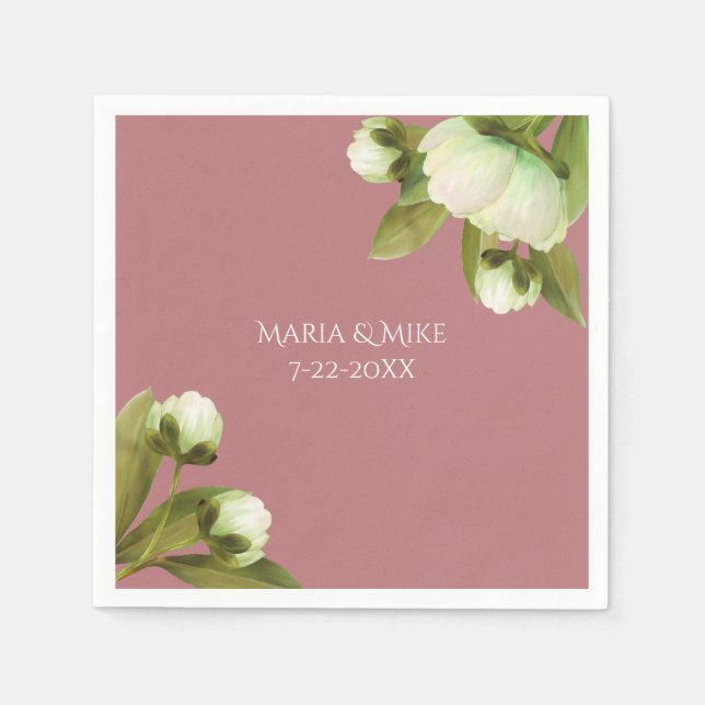 White Peonings mit Dusty Blue Napkins Serviette (Vorderseite)