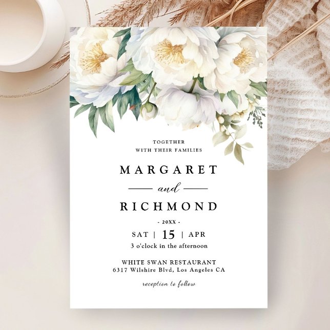 White Peony Elegante Hochzeit mit floralen Wasserf Einladung (Von Creator hochgeladen)