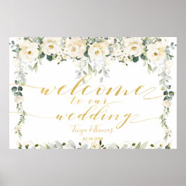 White Peony Epiphany Gold Calligraphy Willkommen Poster