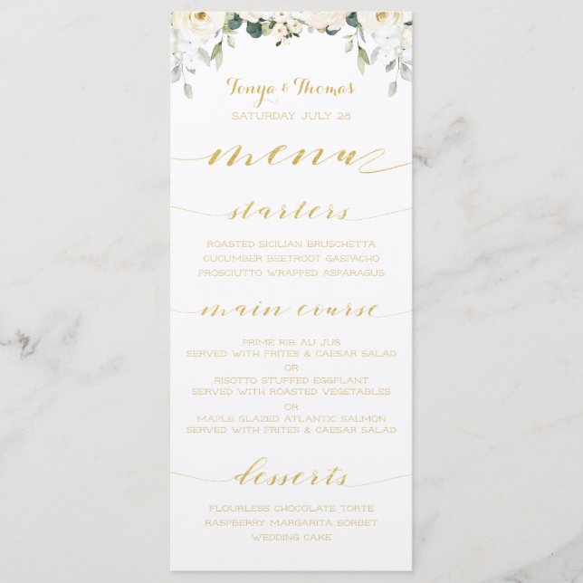 White Peony Epiphany Wedding Gold Calligraphy Menu Menükarte (Vorderseite)