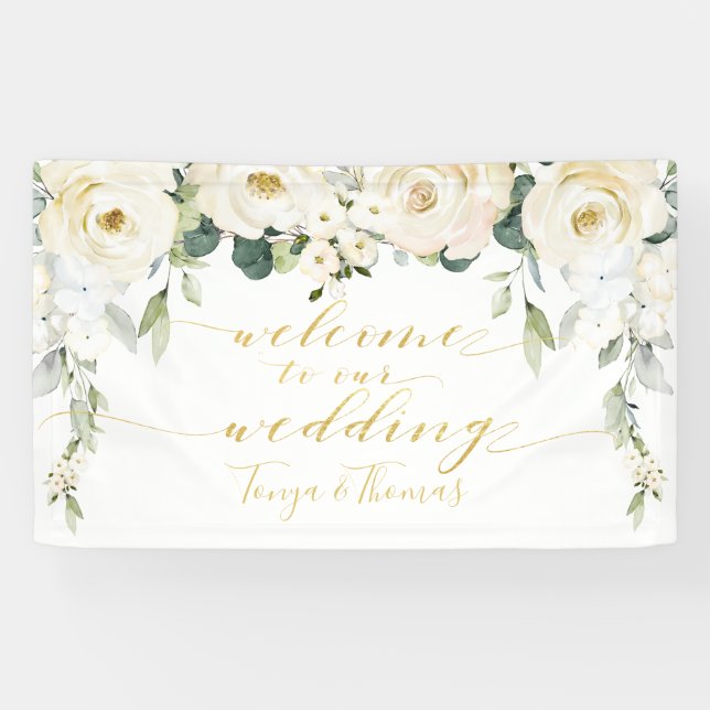 White Peony Extravagant Gold Calligraphy Willkomme Banner (Horizontal)