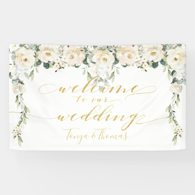 White Peony Extravagant Gold Calligraphy Willkomme Banner (Horizontal)
