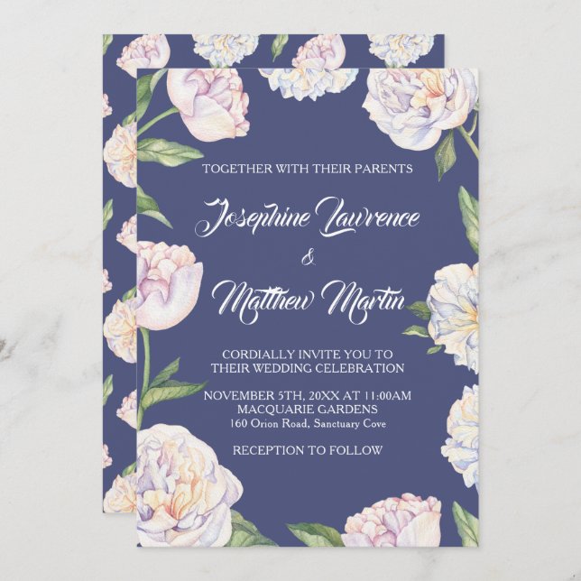 White Peony Floral Blue Wedding Invitations (Devant / Derrière)